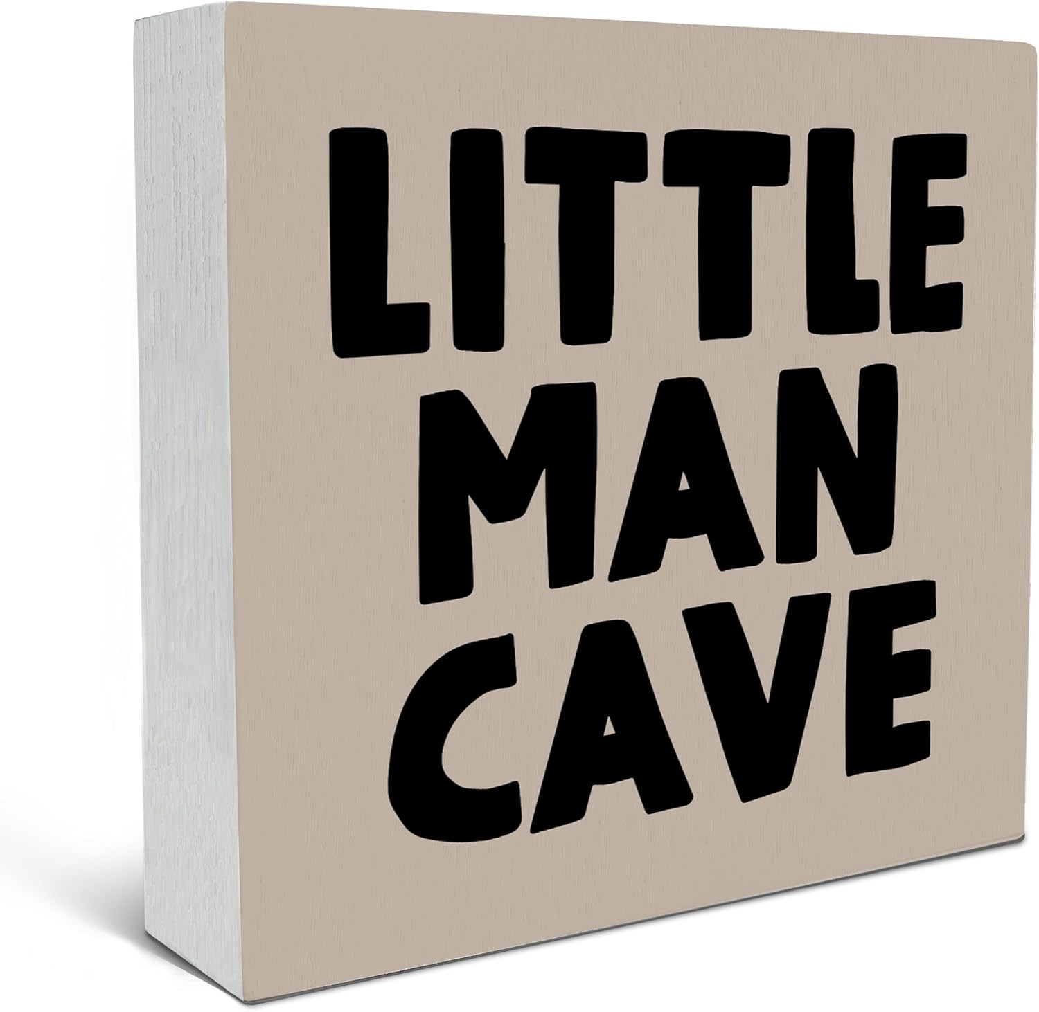 Brown Little Man Cave Wood Box Sign Desk Decor, Boho Beige Preppy Wooden Block B