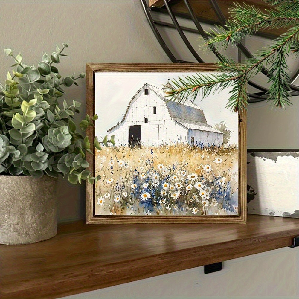 2D Rustic Barn & Wildflowers Wood Framed Wall Art Farmhouse Indoor Home Decor