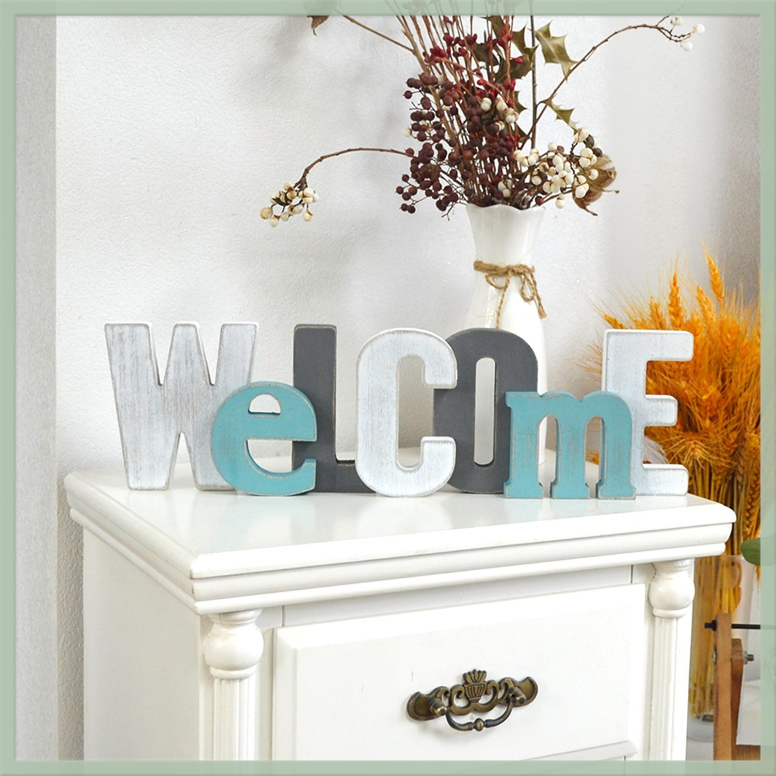 Welcome Wood Signs in Grey Teal White Multicolor – Farmhouse Rustic Freestand…