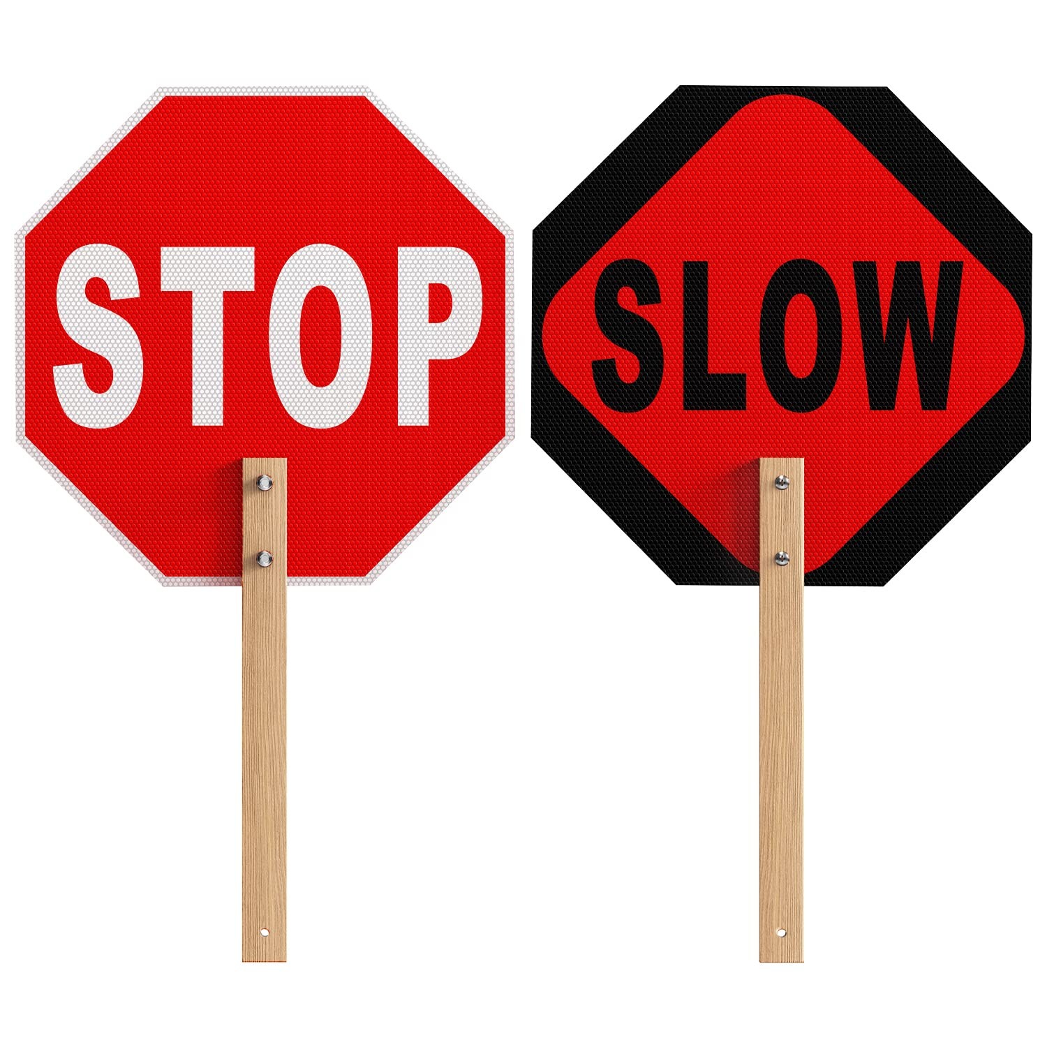 Stop Slow Sign, Double 13 x 13 inches, Silver and Natural Bamboo Wood Color