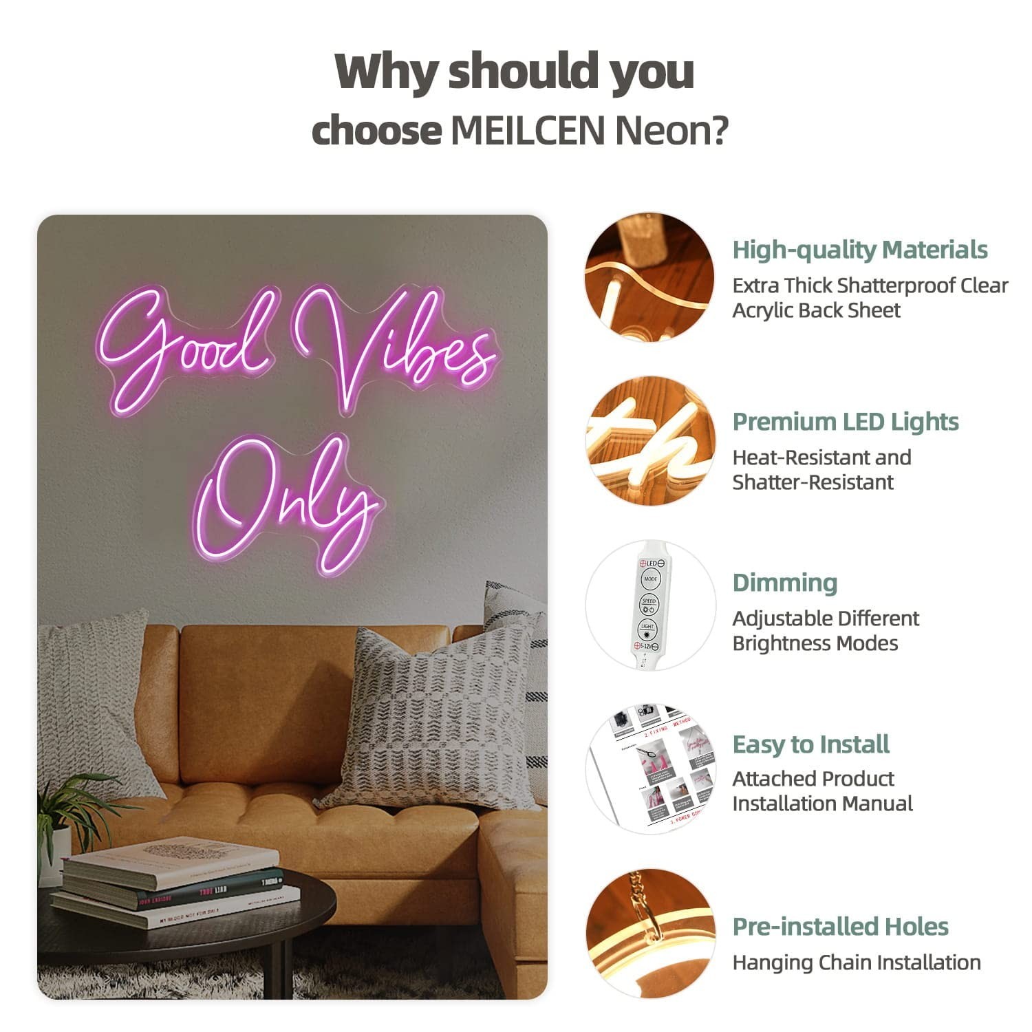 Good Vibes Only Neon Wall Sign – 56.57″ x 13.5″ LED Art Light for Bedroom, Bar,