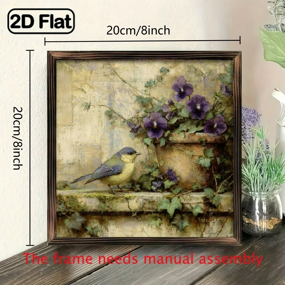 Blue Bird Purple Pansy Wooden Sign Rustic Vintage Decor for Kitchen Cafe Gift