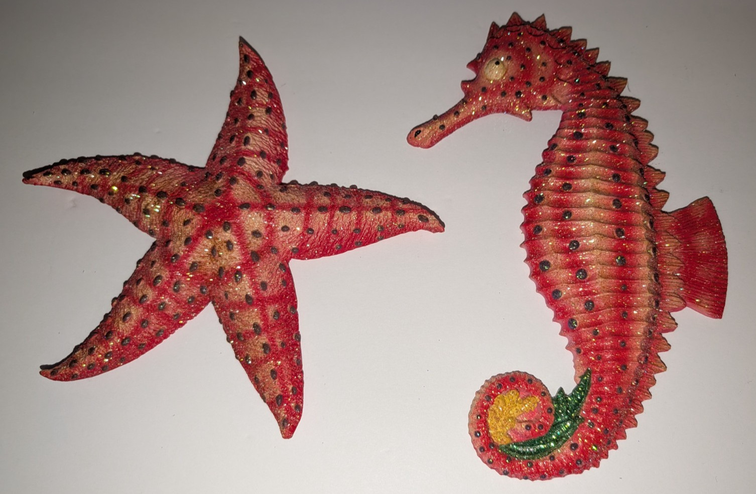 Vtg Seahorse Starfish Wall Plaques Orange Glitter Coastal Beach House Decor