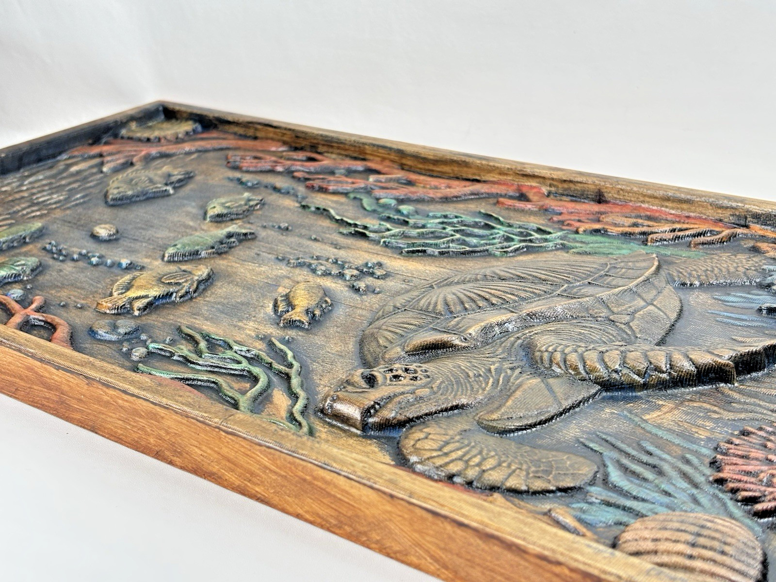 Under The Sea Life Turtle Fish Corals 3D Wood Carved Carving Wall Hanging Art