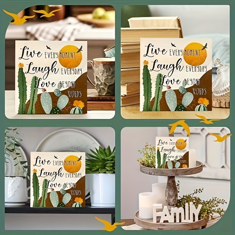 2D Inspirational “Live Laugh Love” Cactus & Sun Wall Art Sign Wooden Desk Decor