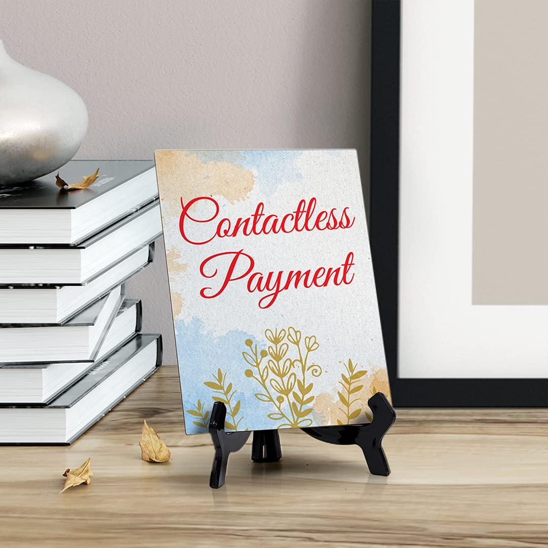 Signs ByLita Contactless payment, Blue Watercolor Table Sign (6 x 8″)