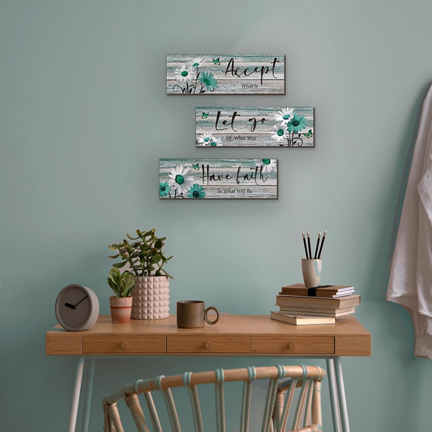 3 Pcs Farmhouse Bathroom Wall Decor Teal Daisy Floral Flowers and Turquoise Butt