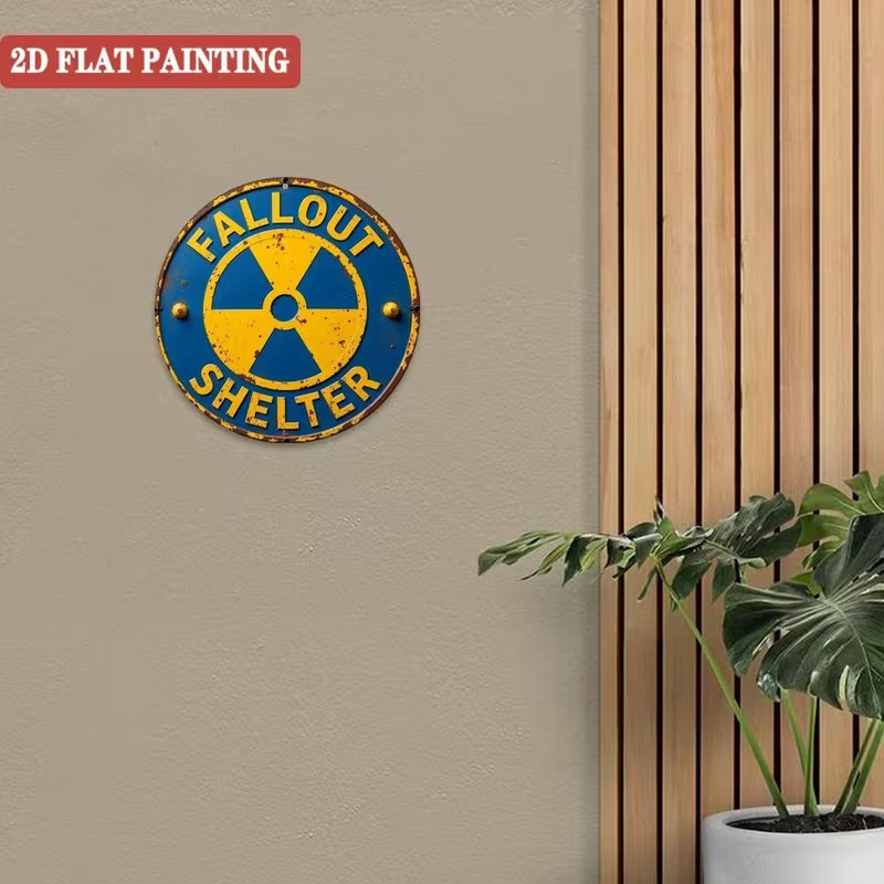 Shelter Sign – Fall Out Retro Nuclear Radiation Warning Metal Wall Art 8″
