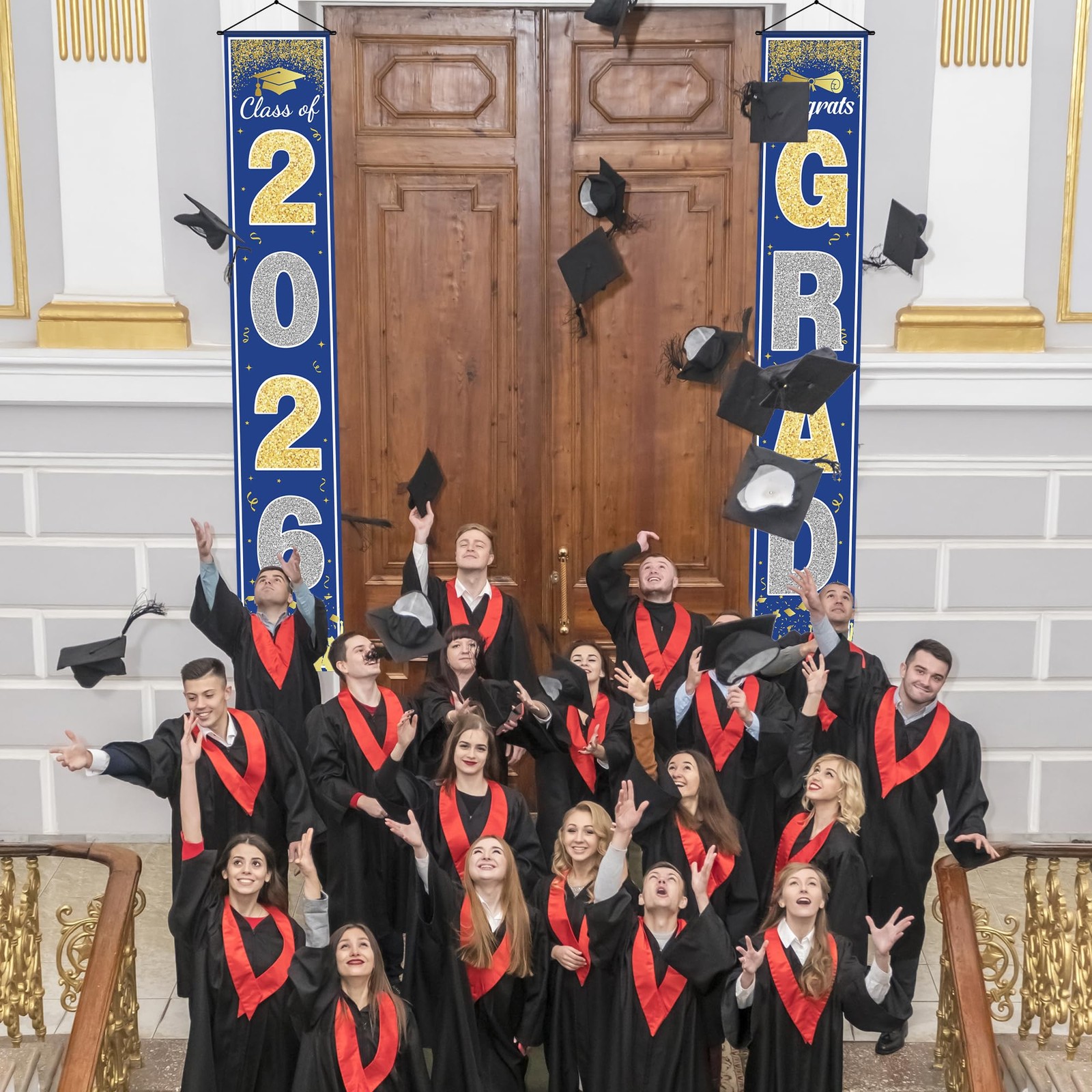 Graduation Decorations 2026 – Blue Gold Congrats Grad Porch Banner for Graduatio