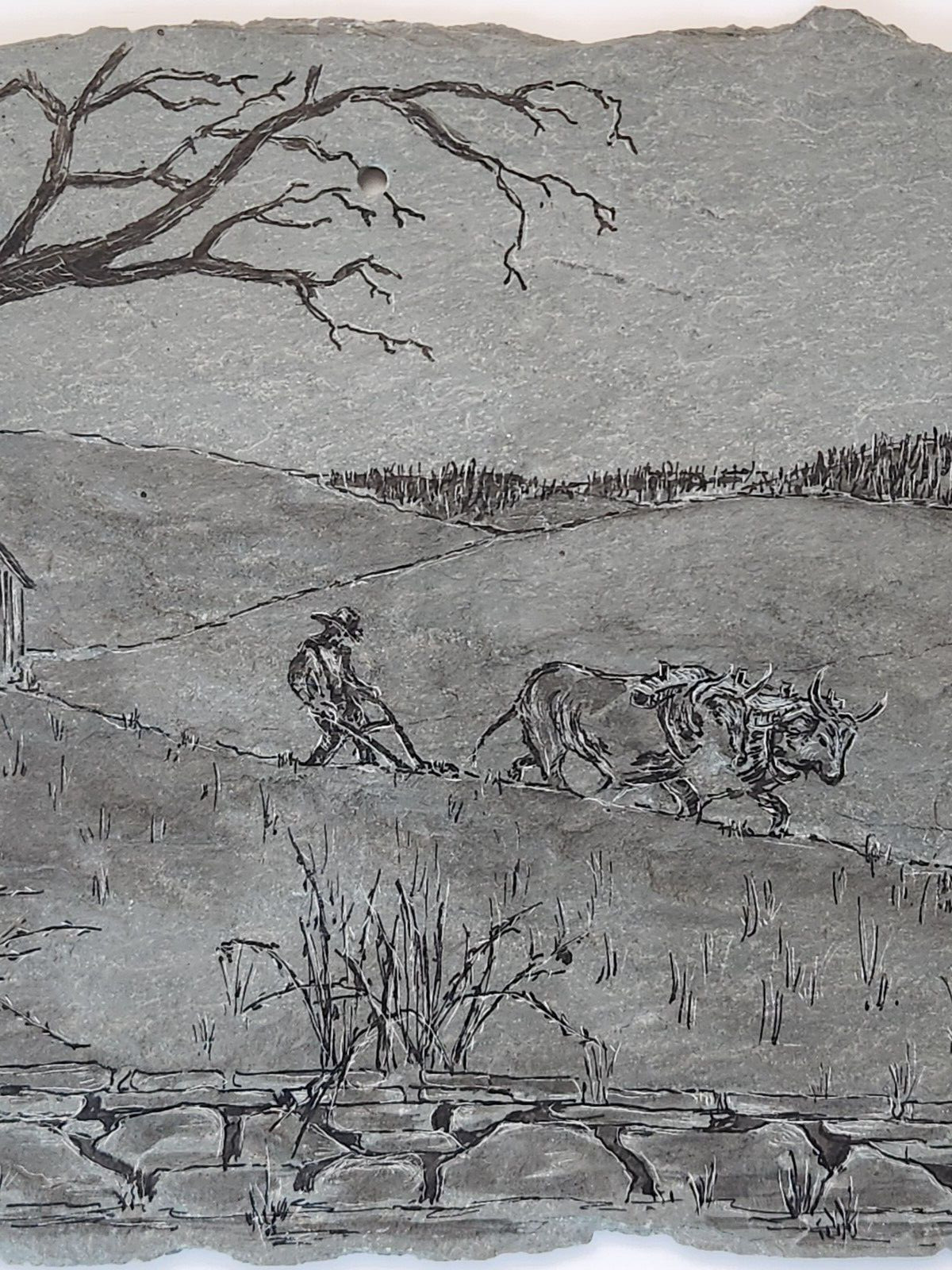 Etched Stone Wall Decor Landscape Countryside Barn Farm Animals Scenic Signed NY