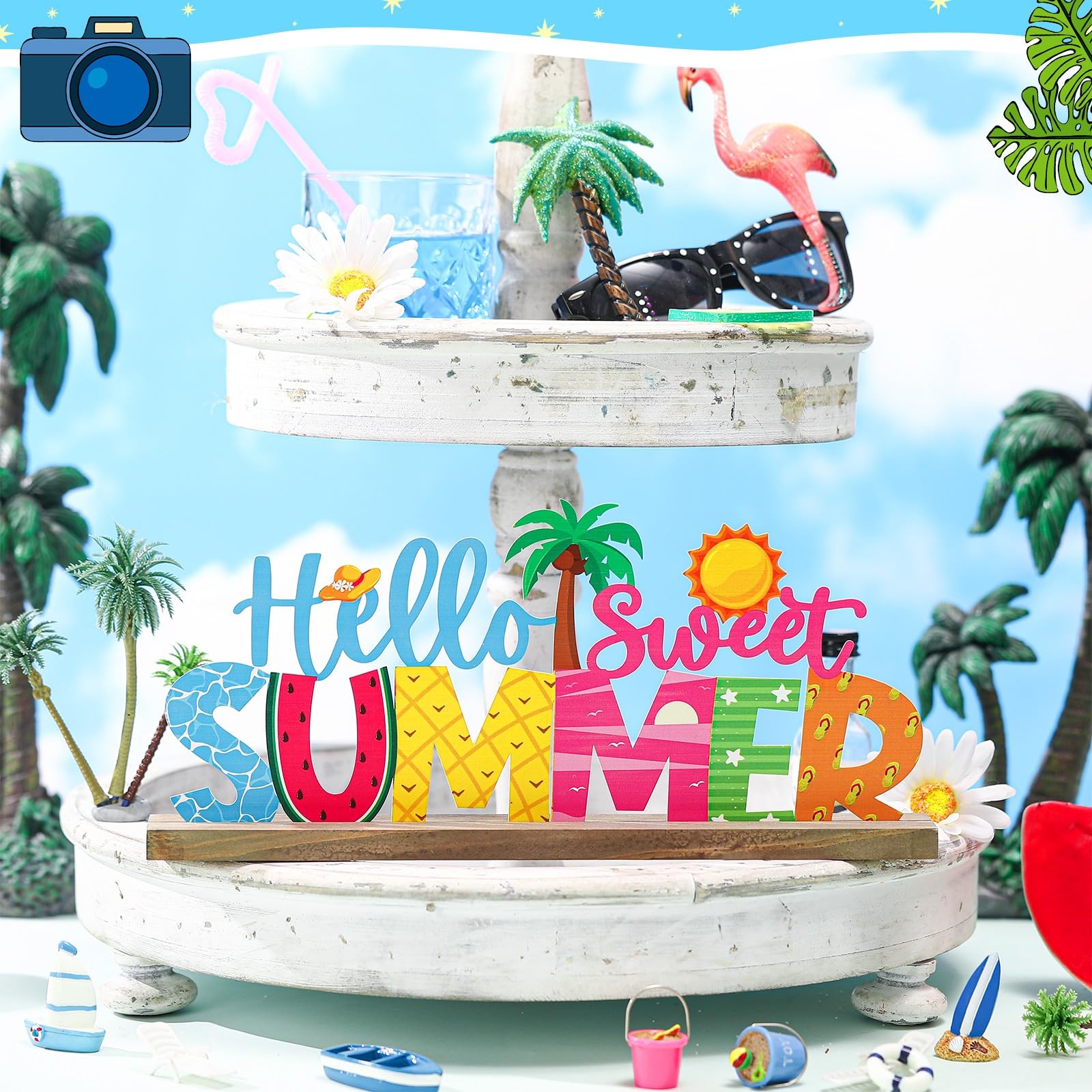 Colorful Hello Summer Metal Sign with Wooden Base Indoor Tabletop Decorations