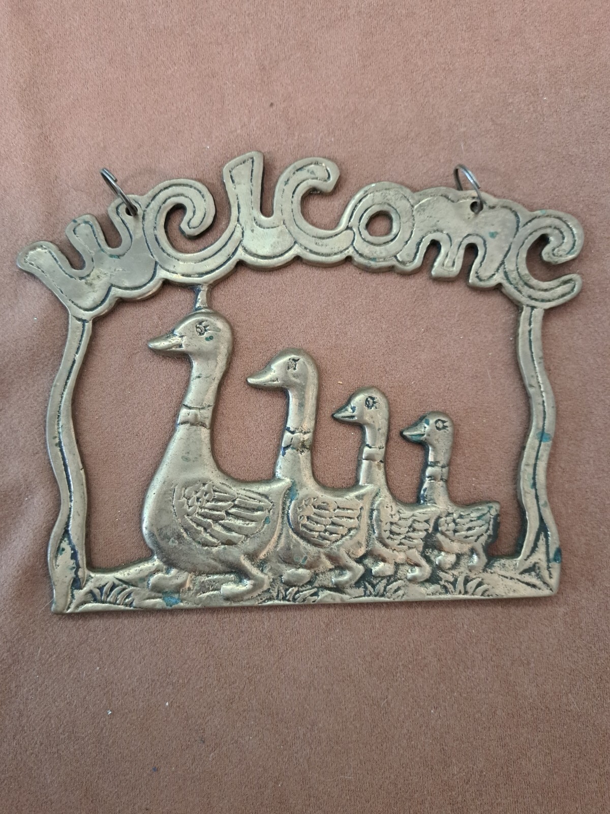 Brass Geese Family Welcome Hanging Vintage Plaque Sign Patina
