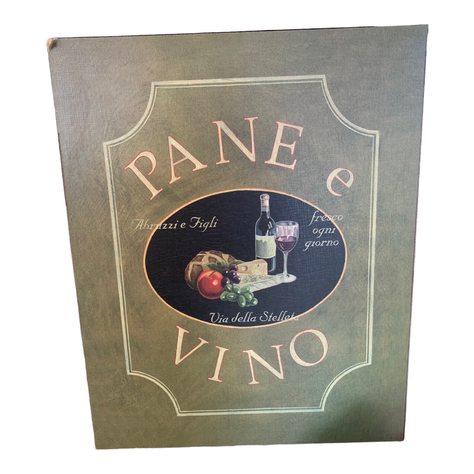 Sign “Pane E Vino” Print Canvas Texture Wood Black Edge Frame 16x20x1” C. Jones