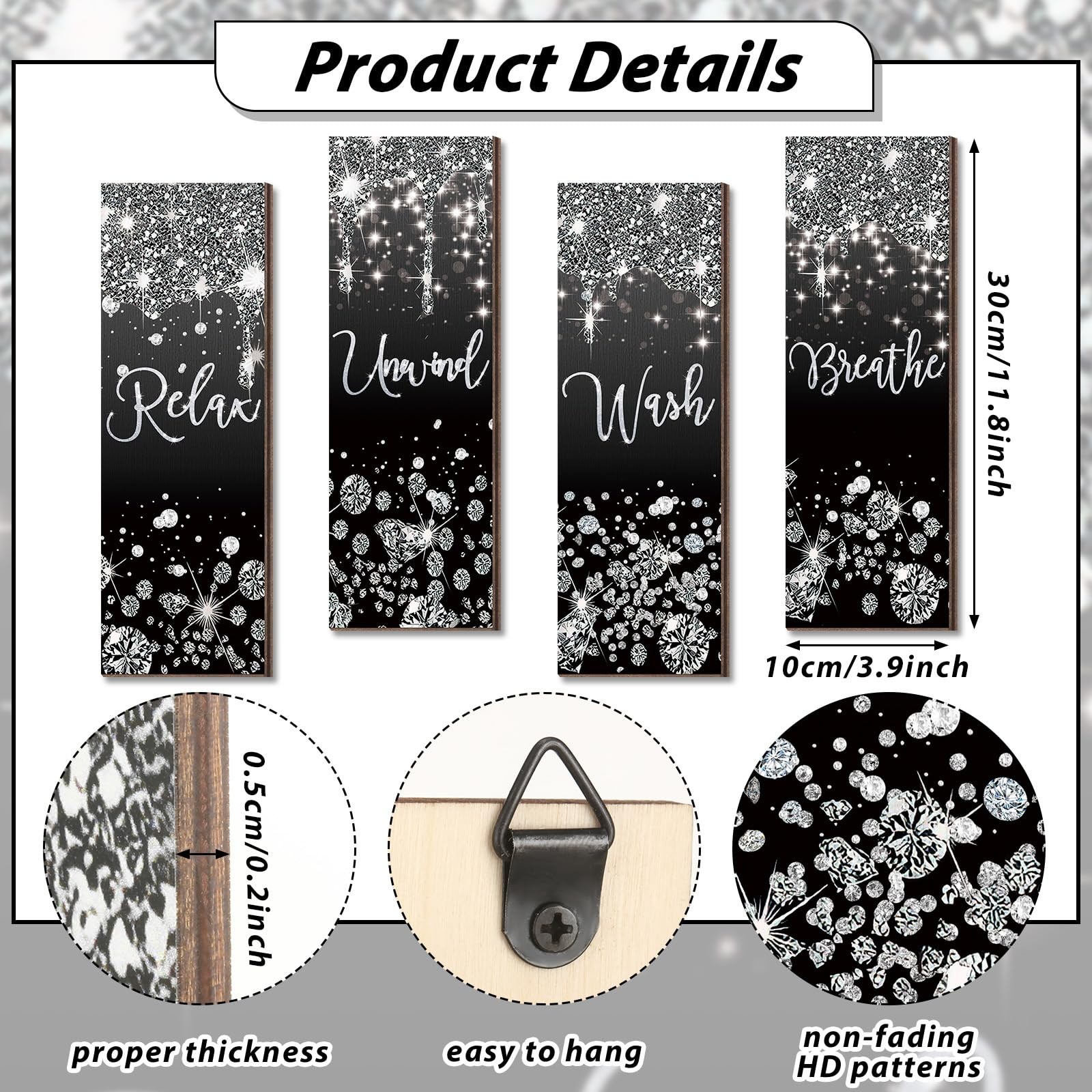 4 Pcs Black and Silver Bathroom Wall Decor Glitter Diamond Wooden Living Room…