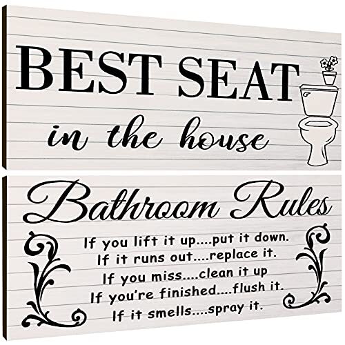 2 Pack Funny Bathroom Wall Decor Sign Wooden Toilet Bathroom Rule Wall Art