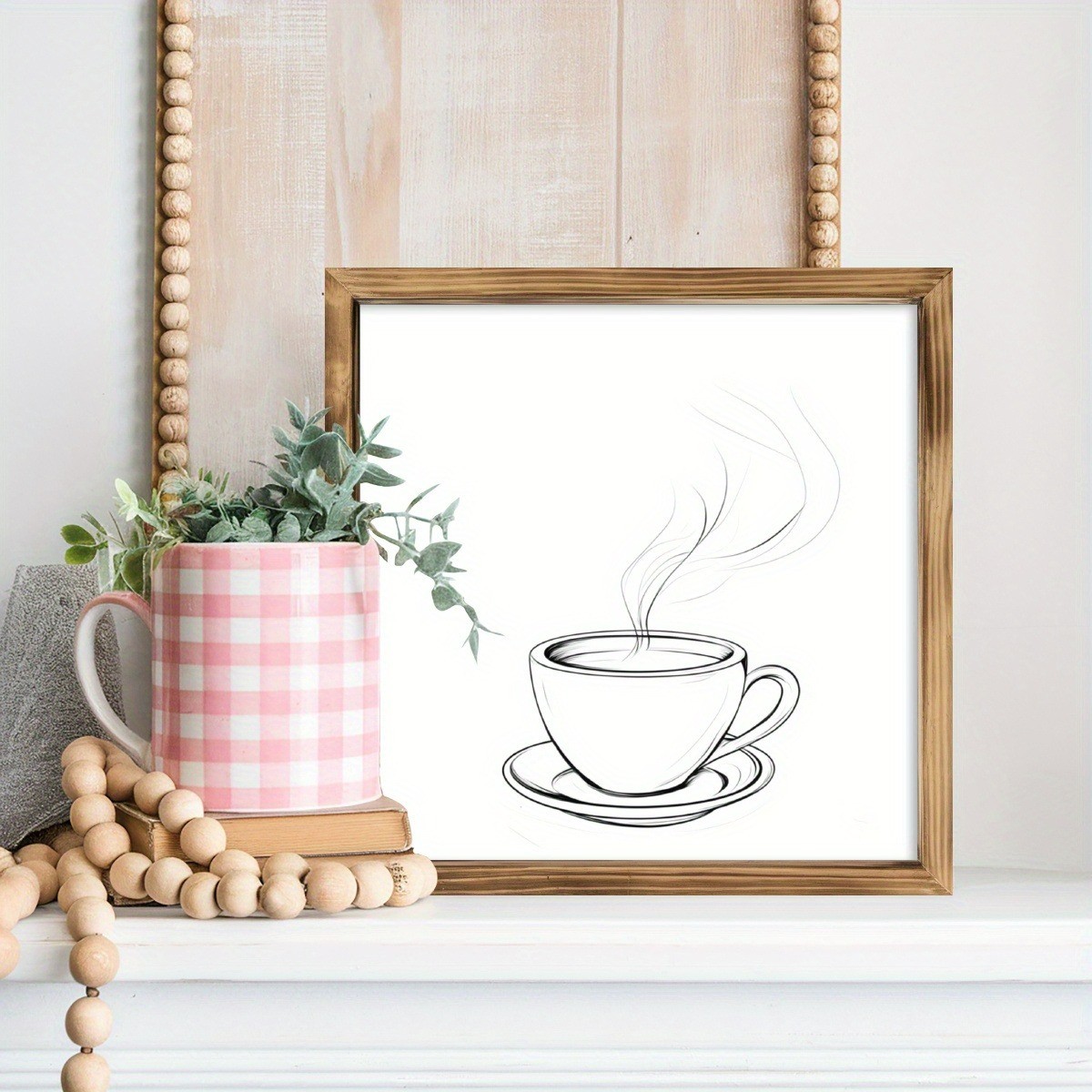 Rustic Coffee Cup Sketch Wooden Sign Minimalist Line Art Decor for Kitchen Cafe