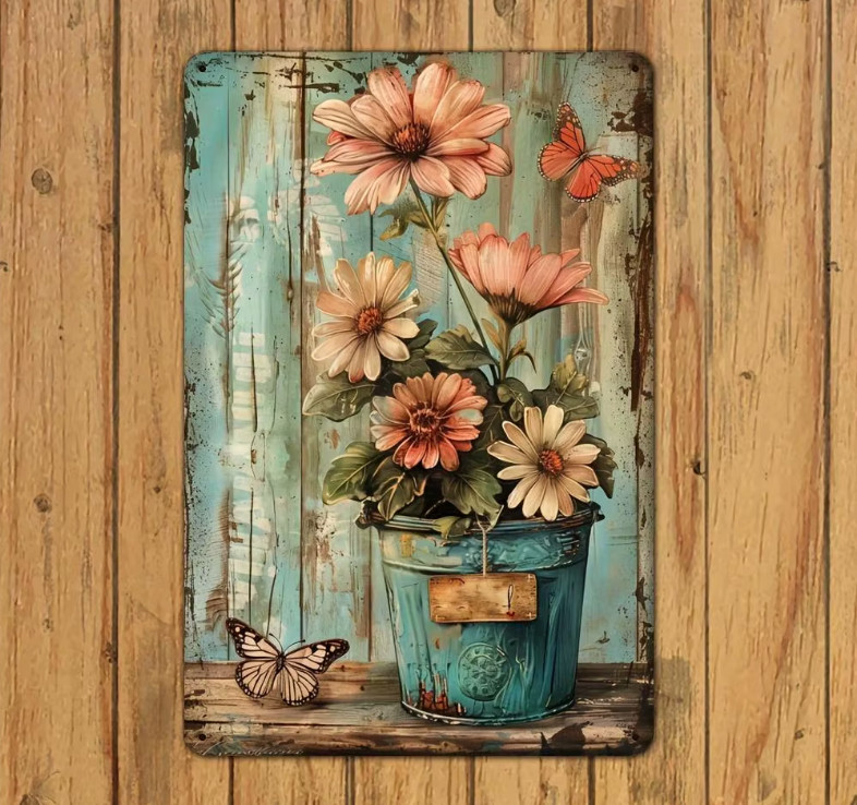 French Country Farmhouse Distresssed Metal Tin Sign 8×12 Flowers