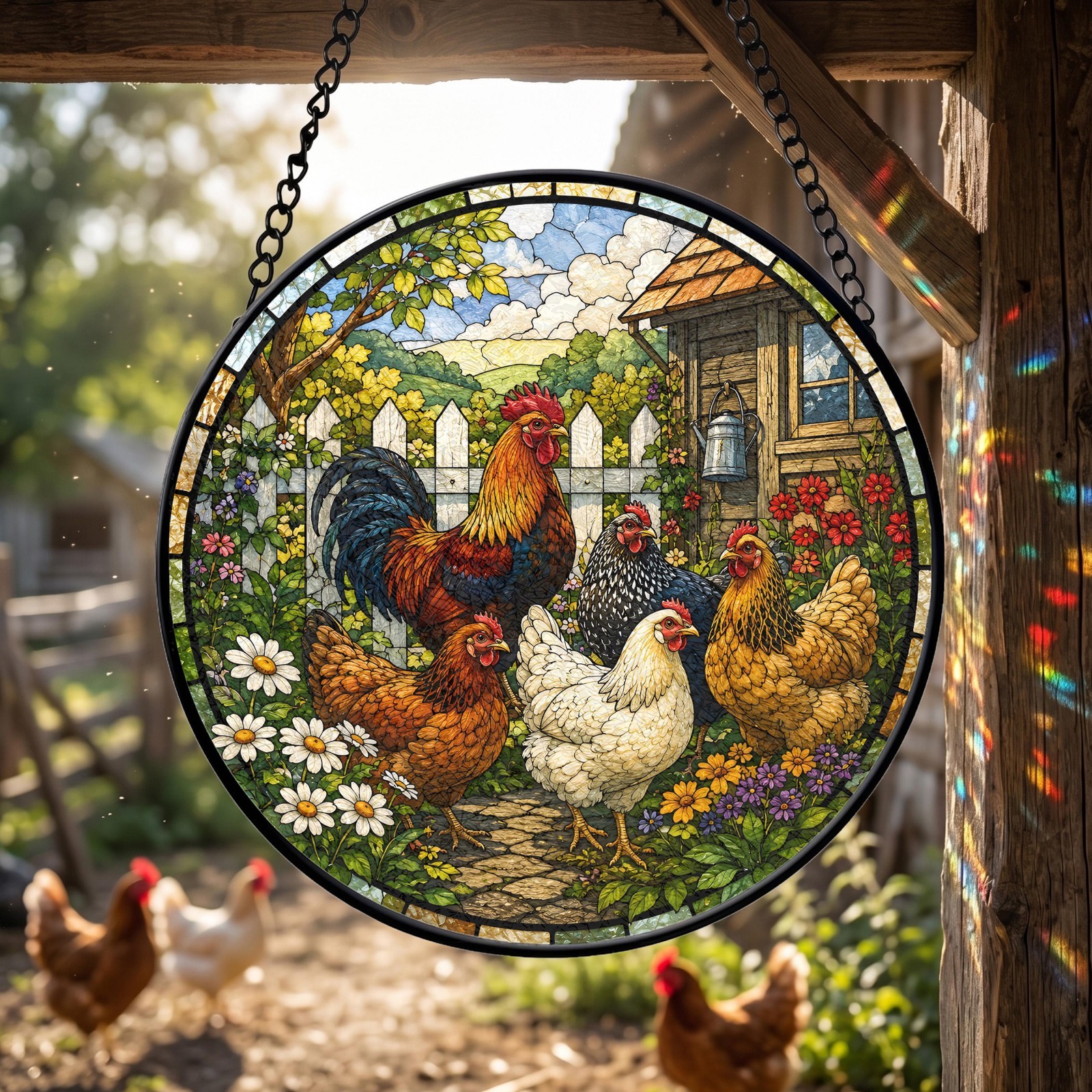 Stained Glass Backyard Chicken Suncatcher, Rooster & Hen Window Decor