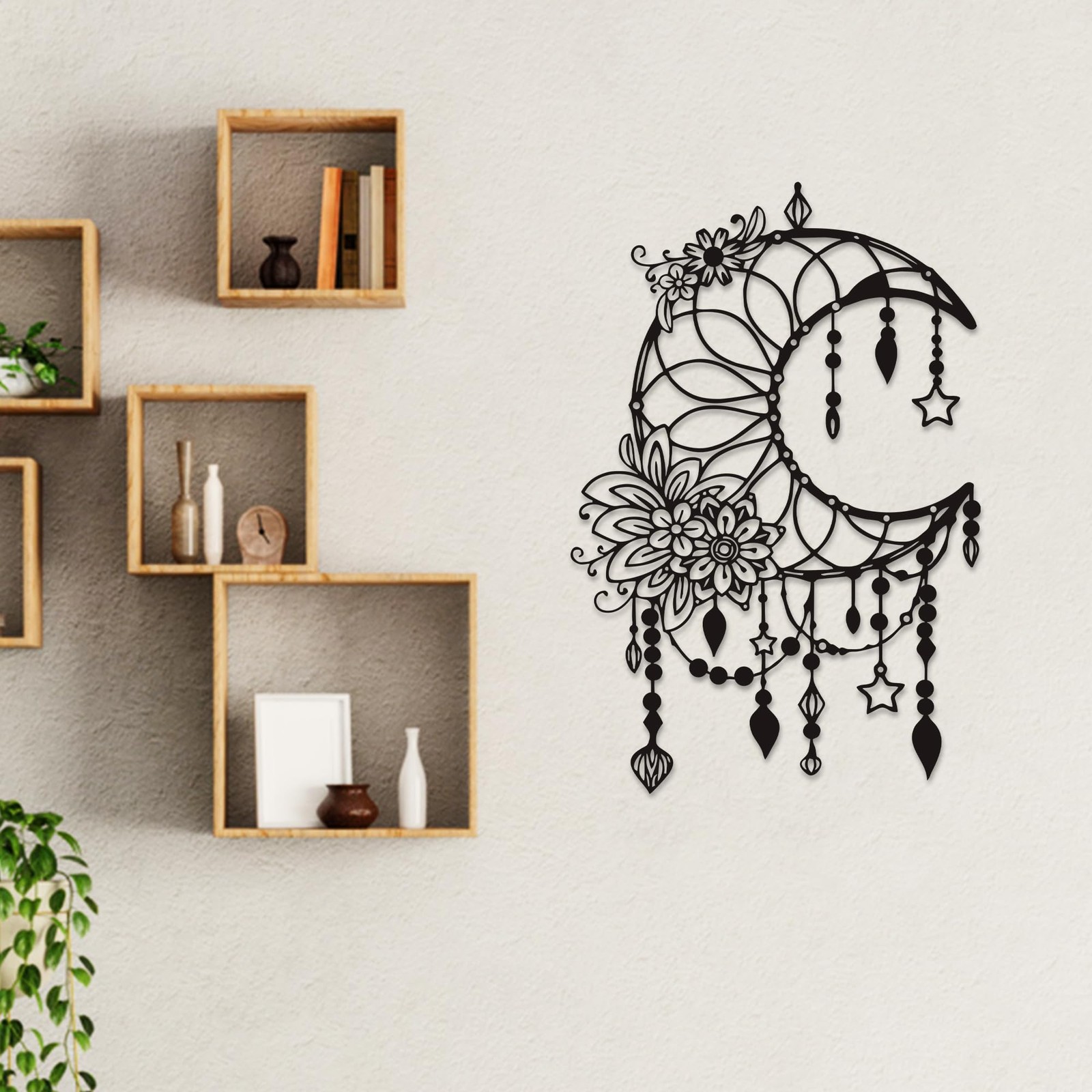 Matte Black Moon Phase Wall Decor–Elegant Metal Moon Wall Art with Floral & H…