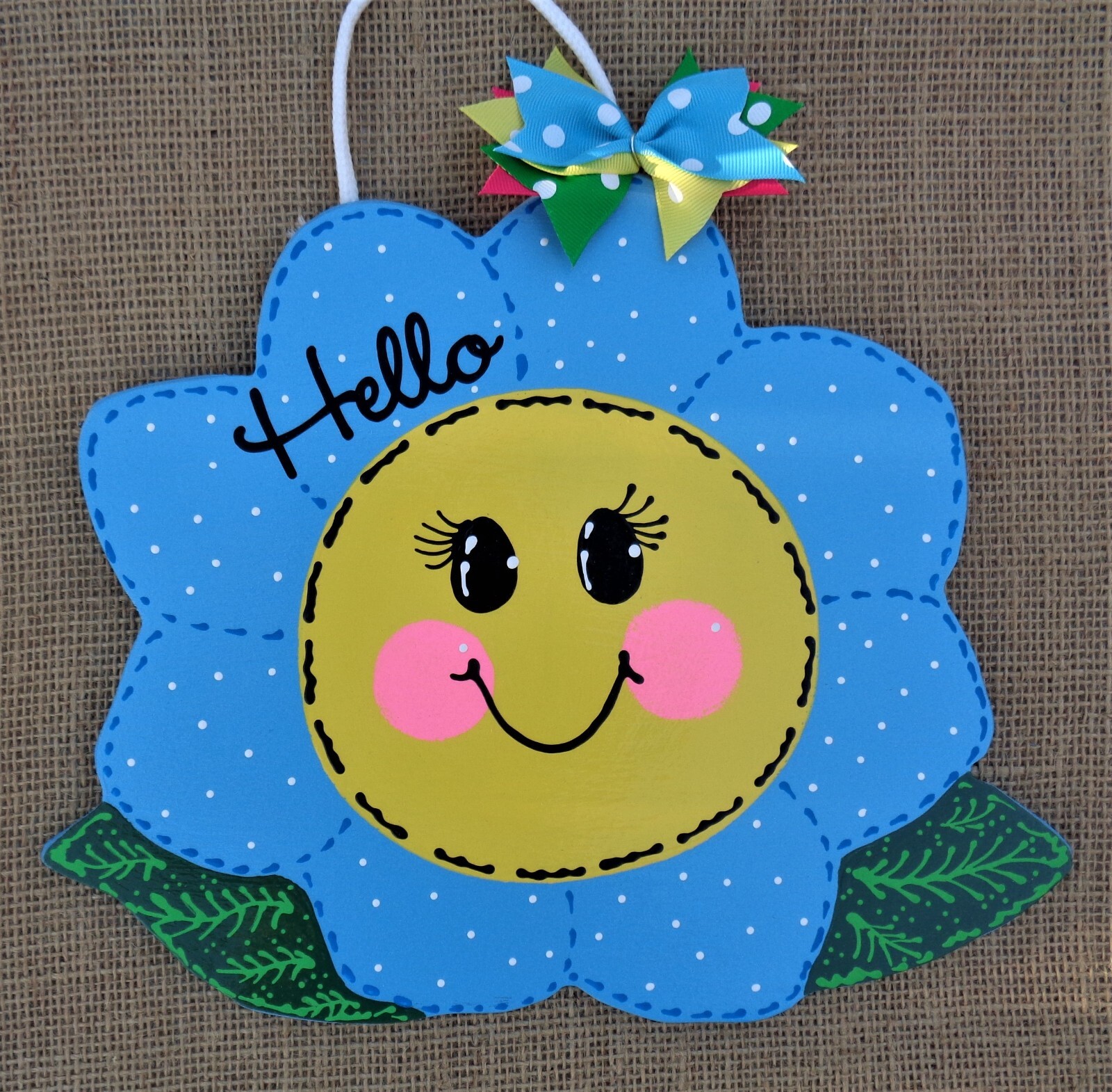 HELLO Blue Flower SIGN Wall Art Door Hanger Plaque Wreath Attachment Smiley Face