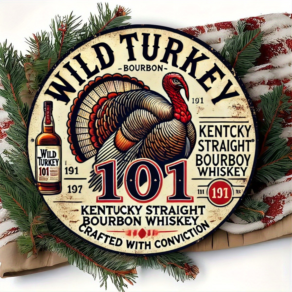 Wild Turkey Bourbon Whiskey Vintage-Style Round Tin Metal Sign 8×8