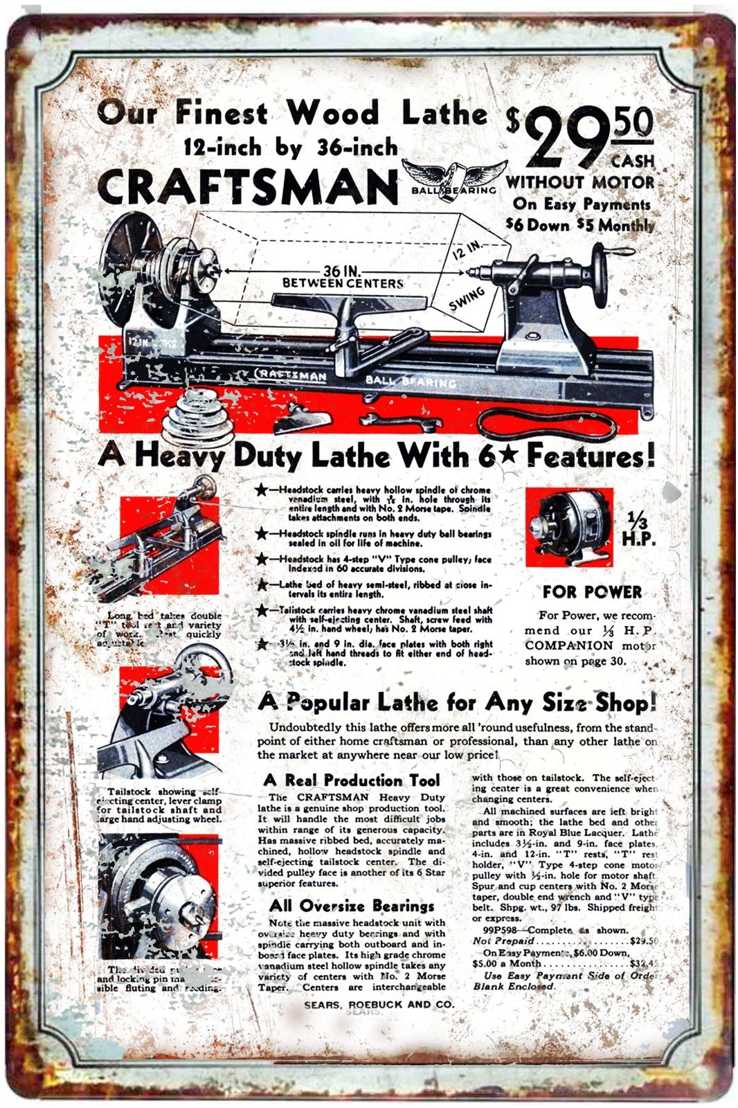 Craftsman Tools Power tools Advertising Tin Sign Size to 12 x18 old Vintage