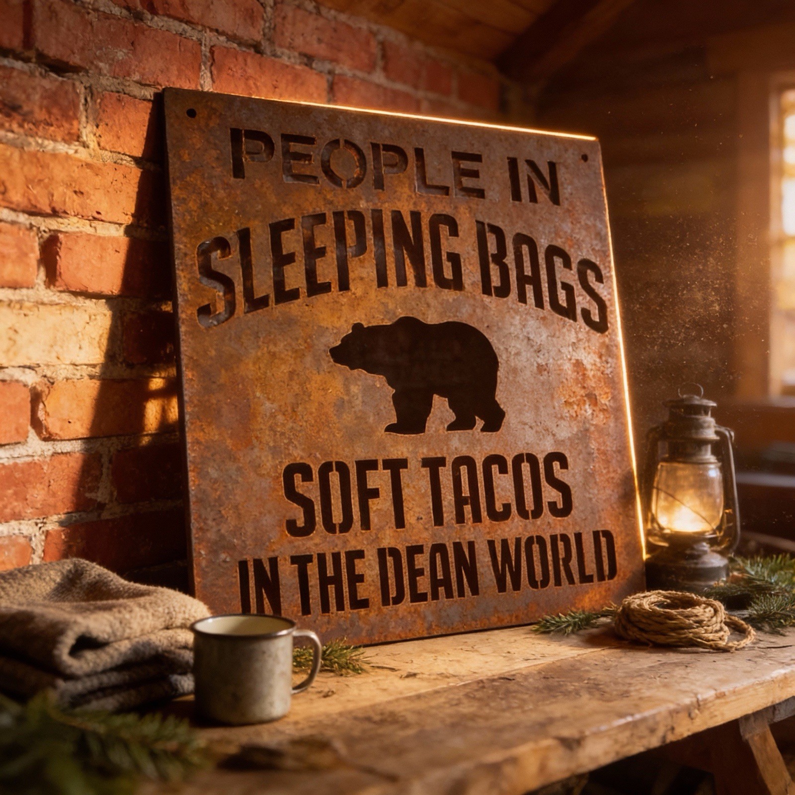 14″x14 Funny Rusted “People in sleeping bags…Soft Tacos” Steel Sign…Made/USA