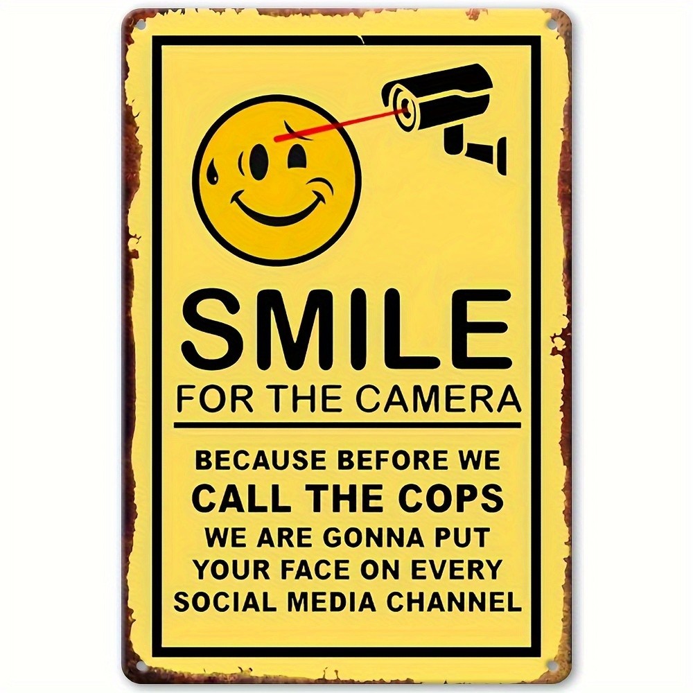 Security Sign Funny Smiley Face Aluminum Sign 8×12 Camera Warning