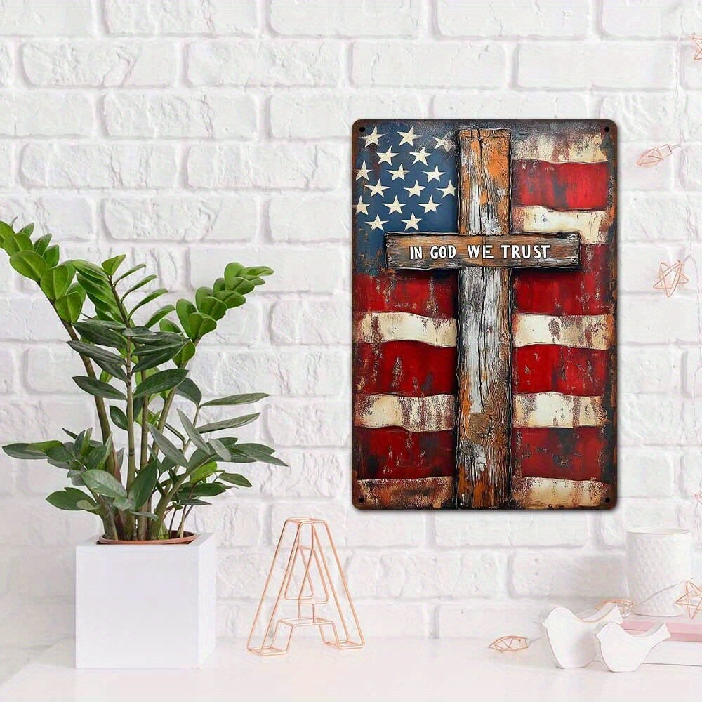 TIN SIGN American Flag with Cross Patriotic Sign Rustic Distressed Metal Decor