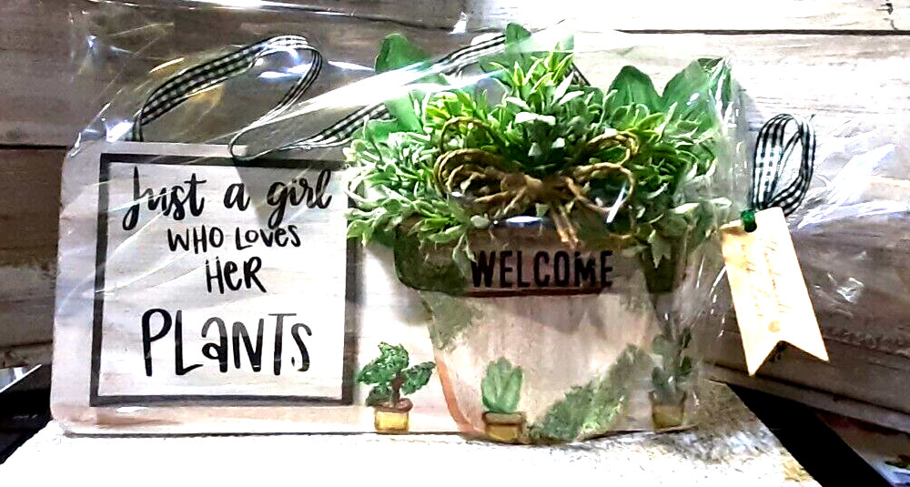 HANDCRAFTED WALL DECOR- 15-1/2 X 4-1/2 IN.- WELCOME- flower pot