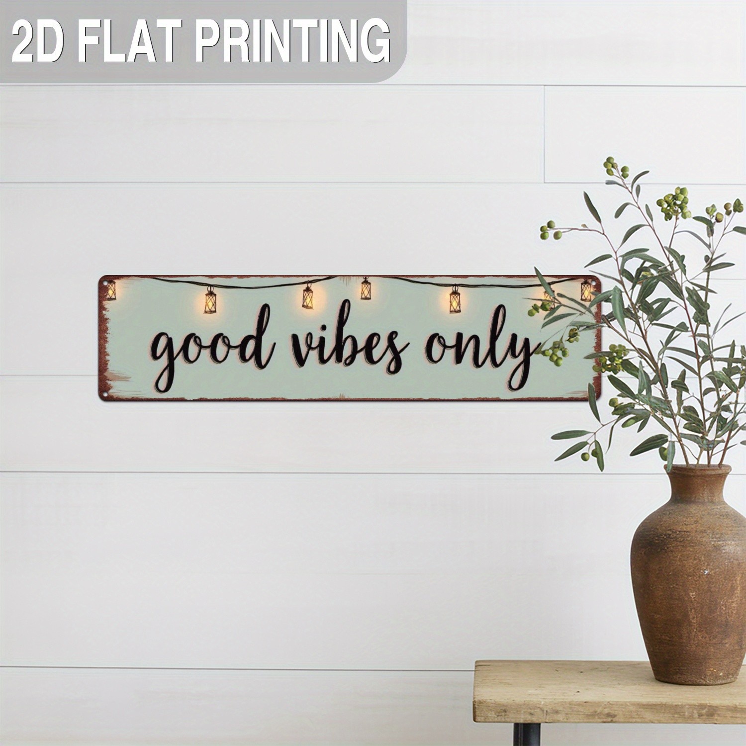 Good Vibes Only String Light Metal Sign Distressed Blue Patio Wall Decor Plaque