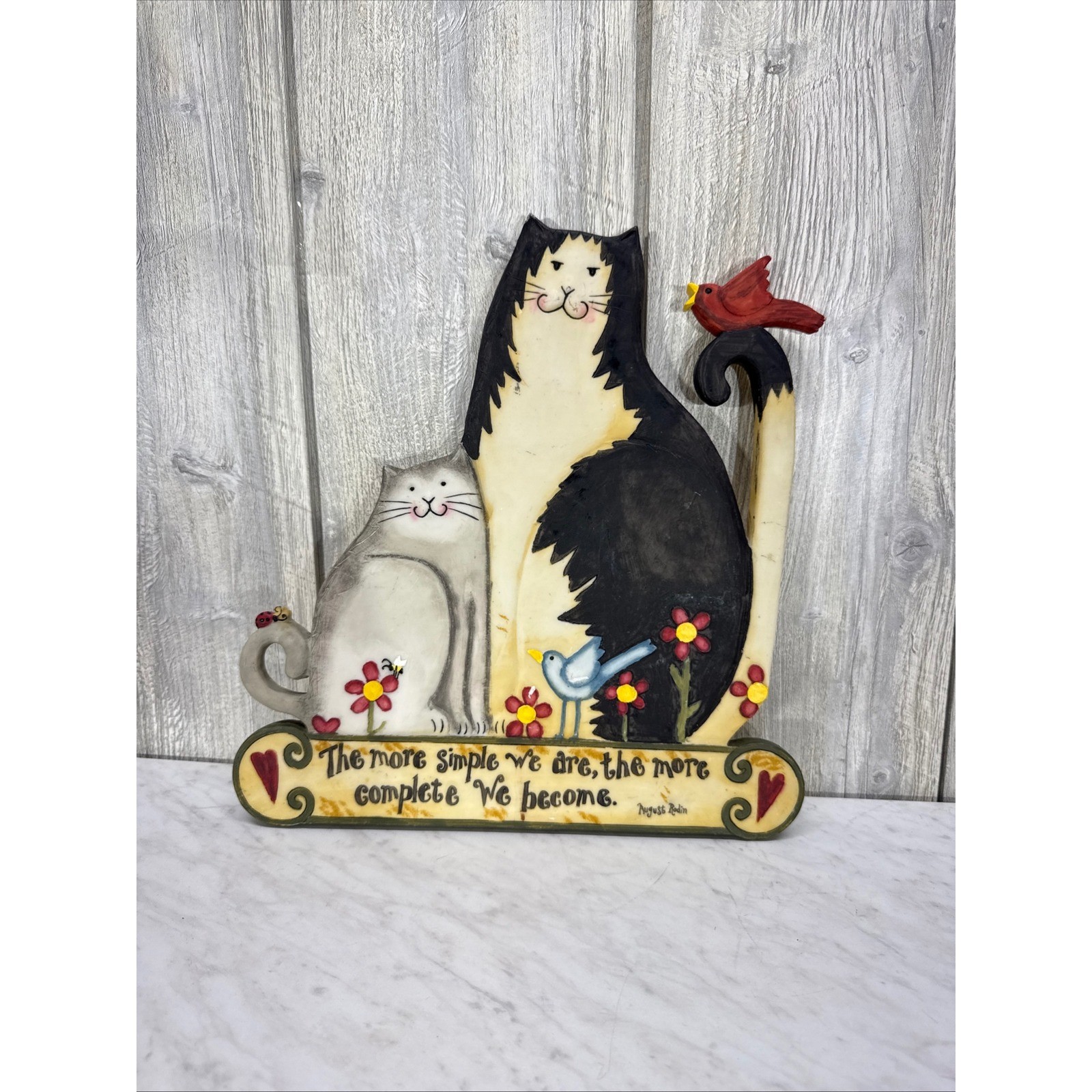 Folk Art Cat Wall Plaque Auguste Rodin Quote Whimsical Cats Birds Sign 11 inch