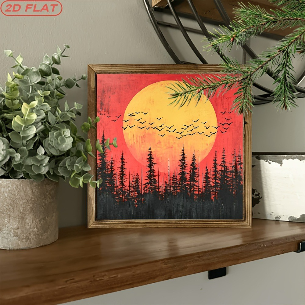 Sunset Forest Pine Tree Bird Wooden Sign Rustic Decor for Bedroom Cafe Gift