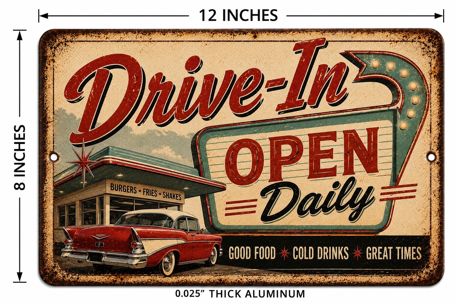 Drive-In Open Daily Retro Diner Sign Vintage 50s Restaurant Decor Classic 12×8