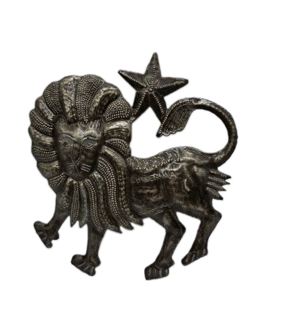 Haitian Artist Lubernier Cut Metal Lion With Star Wall Art Leo Astrology Tropics