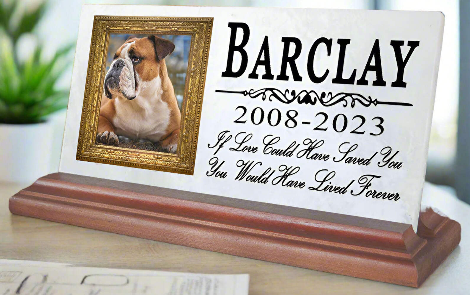 Pet Picture Memorial Plaque for Shelf or Mantel – Solid Marble – 4″ x 8″ If Love