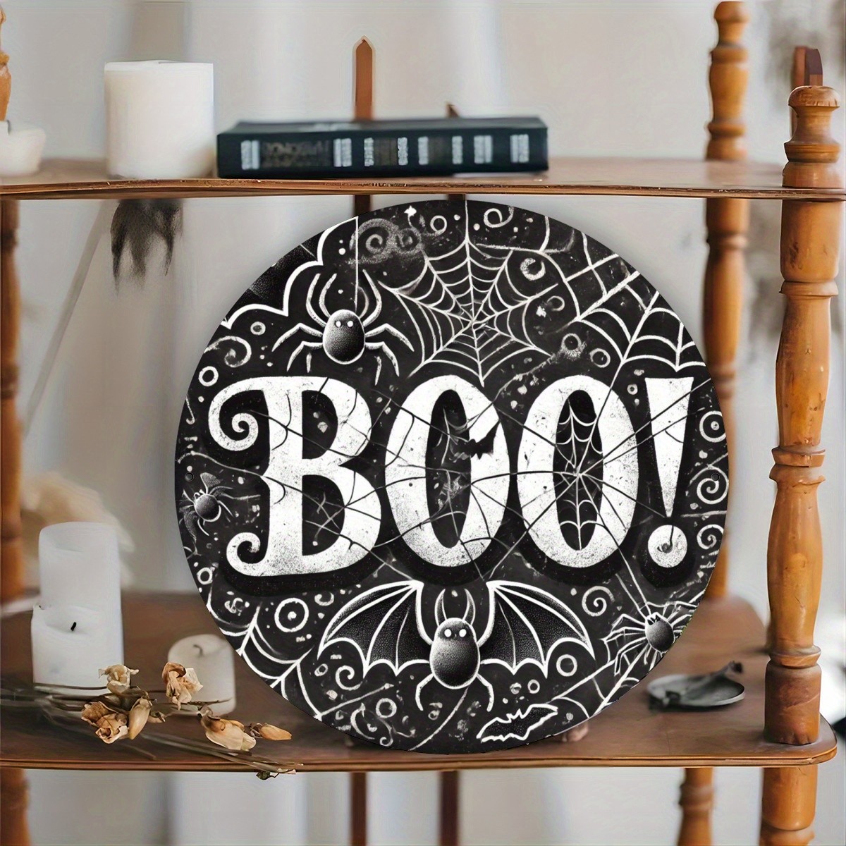 Spooky “Boo!” & Spider Web Round Tin Metal Signs, 8×8 Inches – Festive Iron Deco