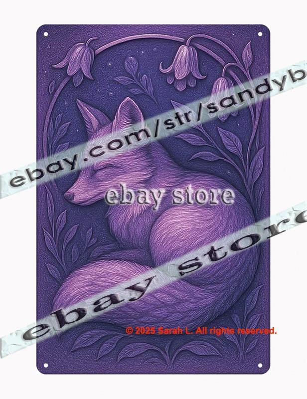 Sleeping Fox Purple Tin Sign 3D Effect Dreamy Woodland Art