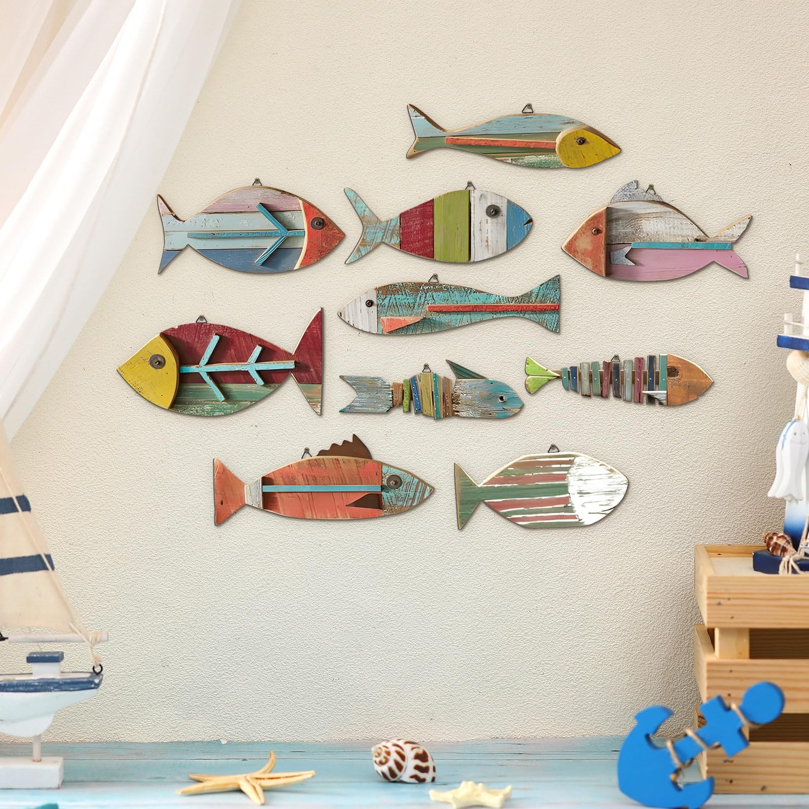 10 Pcs Wooden Fish Wall Decor Wood School of Fish Coastal Wall Decor Beach Wall.