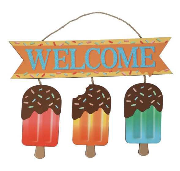 WELCOME Summer Sign Popsicle Frozen Ice Cream Treats Decor Glitter Wall Door NEW