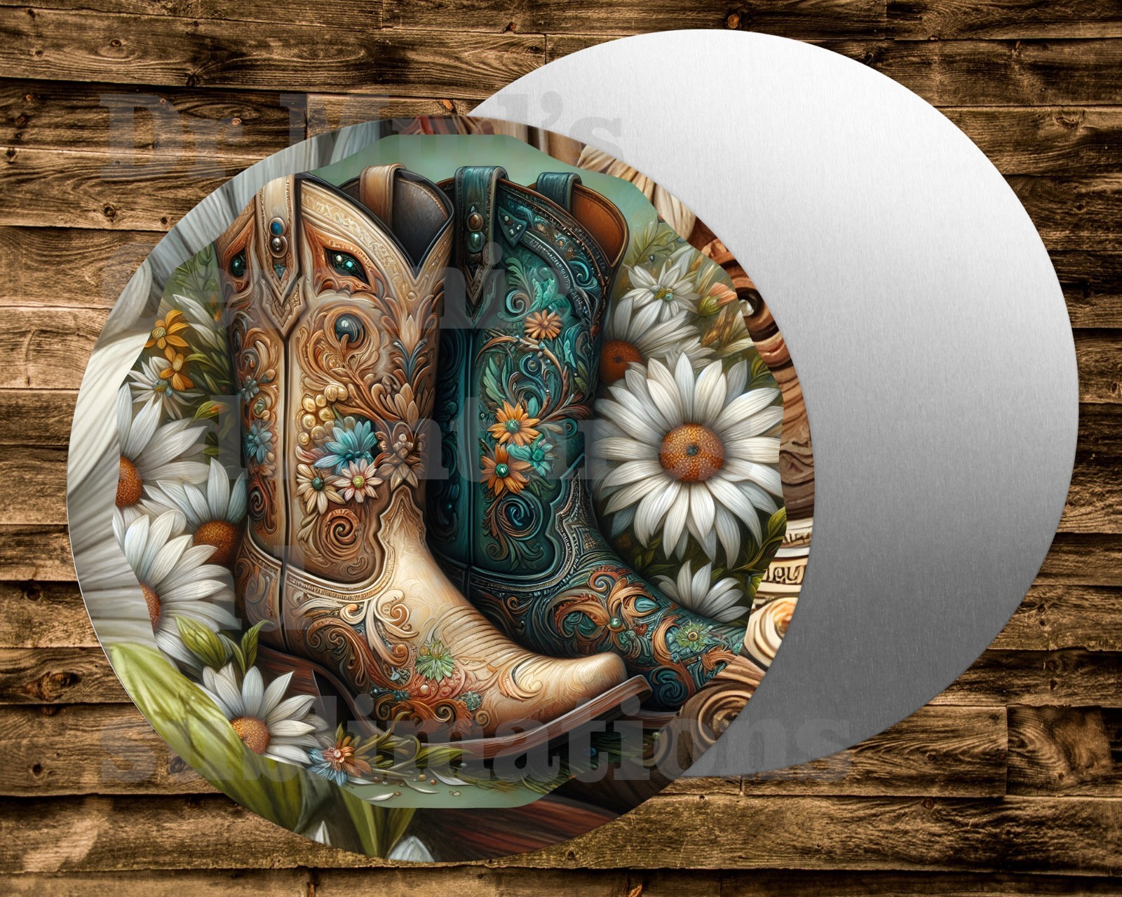FLORAL COWBOY BOOTS Metal Round Sign Wreath Crafts & miniatures