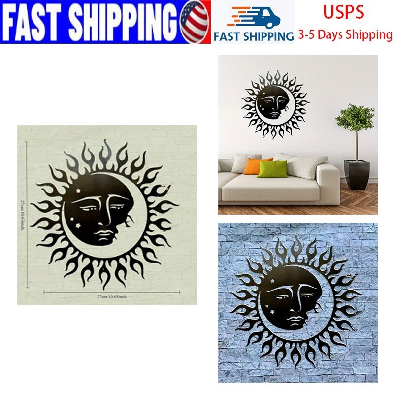 Matte Black Sun Moon Face Metal Wall Art Boho Celestial Star Hanging Decor Gift
