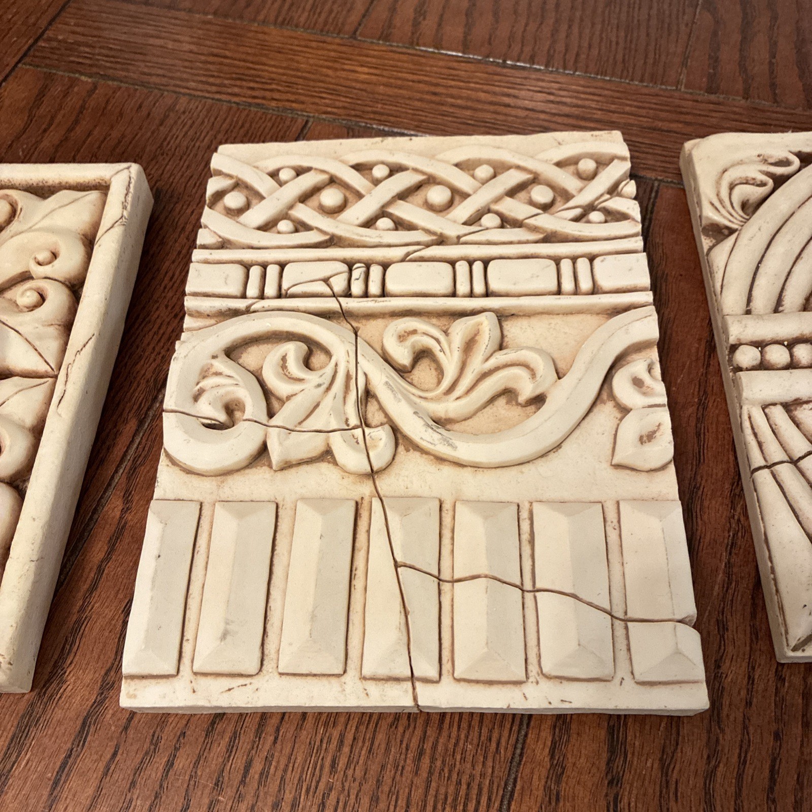 Wall Tiles/Plaque Floral Geometric Carved Decorative Cream Heavy Resin-Lot Of 3