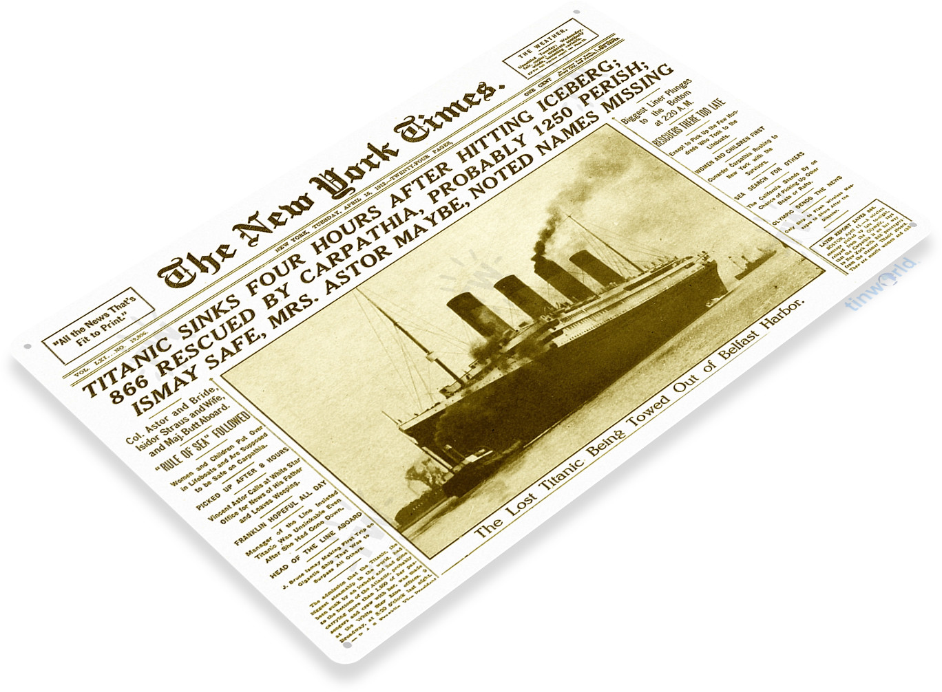 TIN SIGN Titanic Headlines Historic Events Newspaper Metal Decor B912