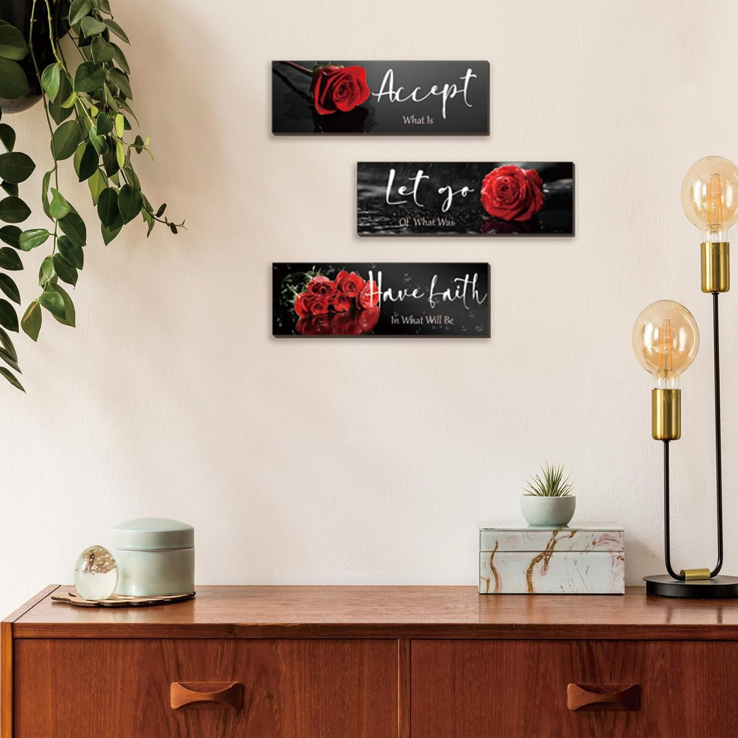 3 Pcs Red Decor Flower Inspirational Wooden Wall Art Red Roses Office Wall Decor