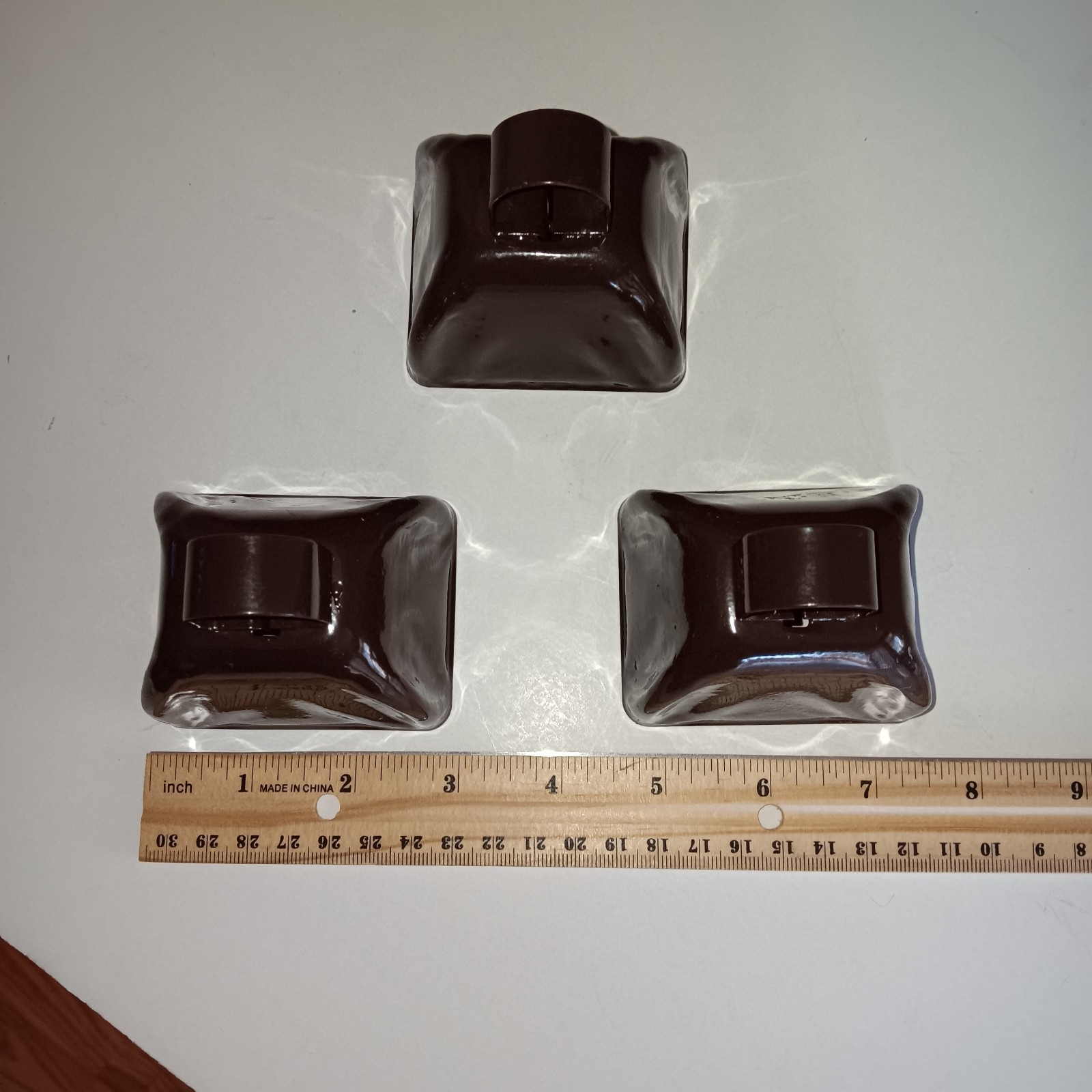 Metal Cowbells, Set Of Three, Metal On Metal Sound. Painted Brown. Decorative Or
