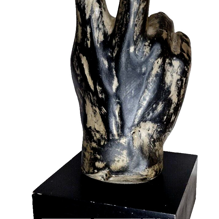 11 inch Hand Peace Symbol Distressed Resin Sculpture on Wooden Base