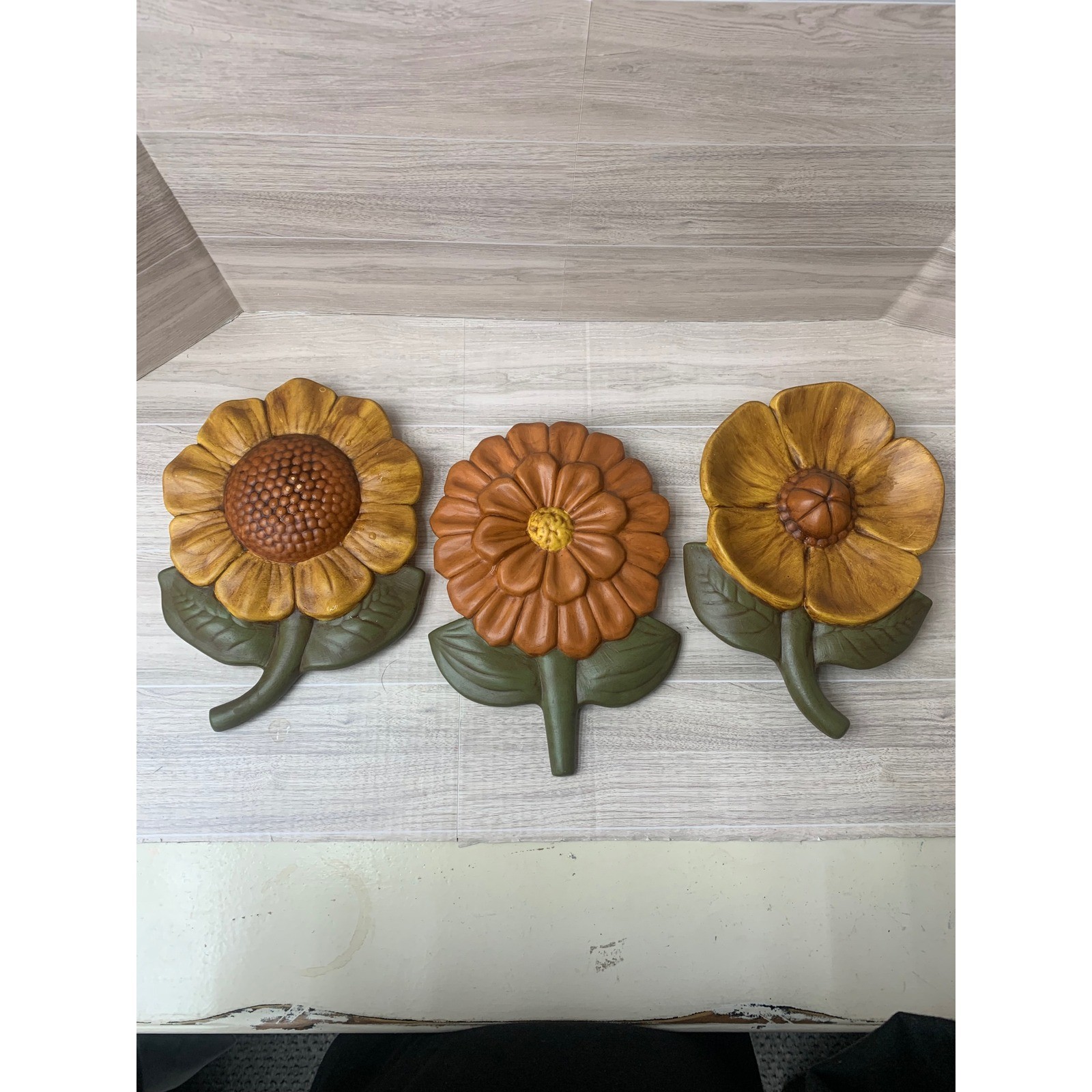 Vintage 70s Style Floral Wall Decor Set 3 Sunflower Zinnia Poppy Retro Flowers