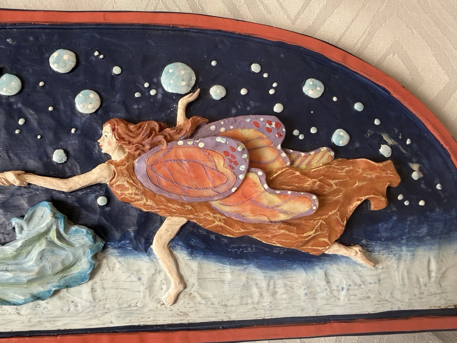 Vintage Multicolor Playing Dancing Fairy Sculptured Resin Moon Wall Art
