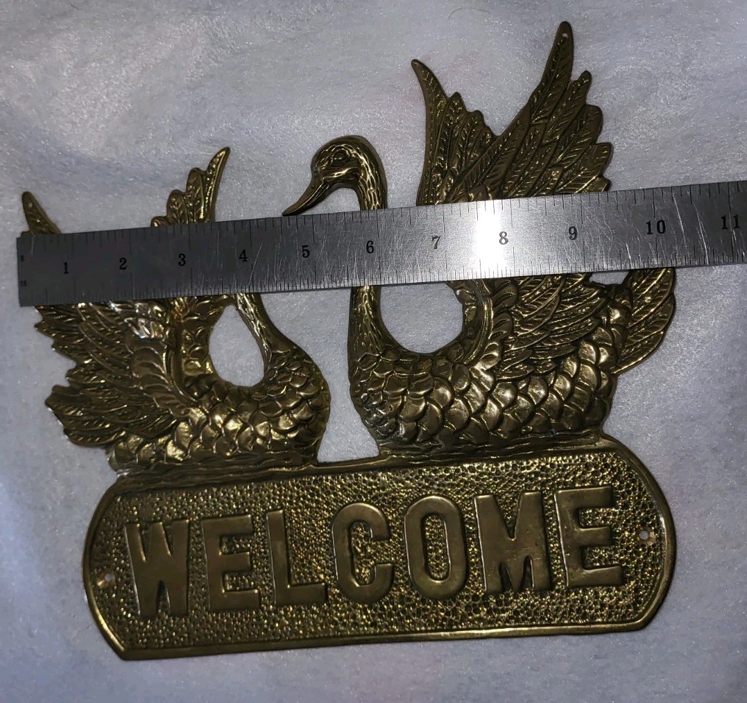 Vintage Solid Heavy Brass Welcome Sign Pair of Swans Door Wall Mount